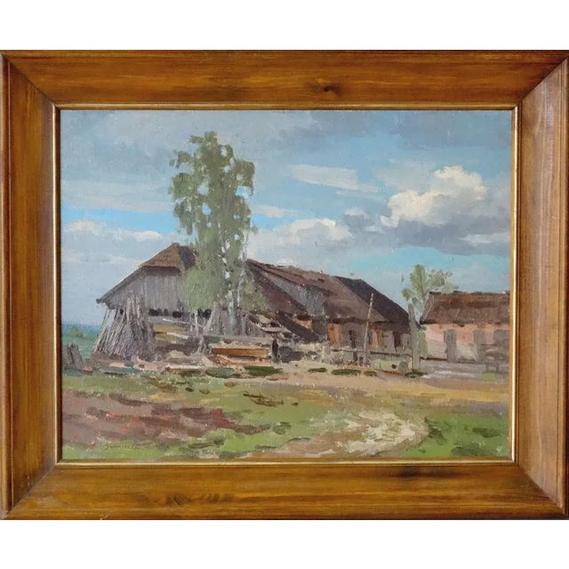 Alfejs Bromults, In Village Courtyard, 1976, Oil on Cardboard For Sale - Image 4 of 4