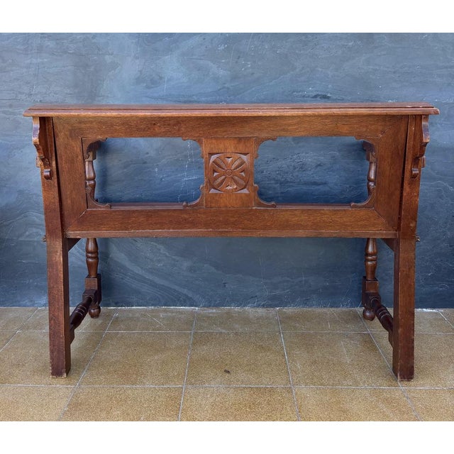 Vintage Spanish Castilian Style Oak Bench, 1920 For Sale - Image 10 of 11