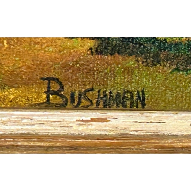 Contemporary Vintage Lighthouse Coastal Seascape Framed Oil Painting on Masonite Board Signed Bushman For Sale - Image 3 of 4