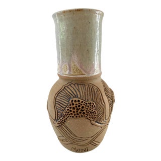 Vintage Vase Studio Pottery, Carved Organic Motif, Signed "Moni" For Sale