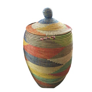 Lg Basket W/ Lid Senegal West Africa 34" H For Sale