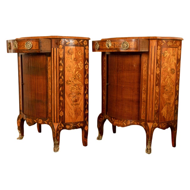 Pair Antique 18thC French Louis XV Inlaid Marquetry Ormolu Tambour Cabinets 1780 For Sale - Image 4 of 18