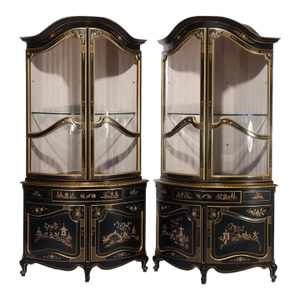 Pair Lighted Vintage Ebonized & Gilt Scenic Karges School Corner Cabinets 20thC