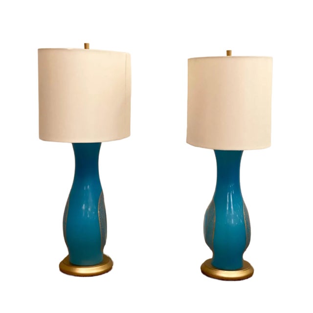 Aqua Vintage Mid 20th Century Aqua Murano Glass Lamps - a Pair For Sale - Image 8 of 9