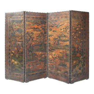 19th Century Chinoiserie Folding Screen, Hand-Painted Leather For Sale