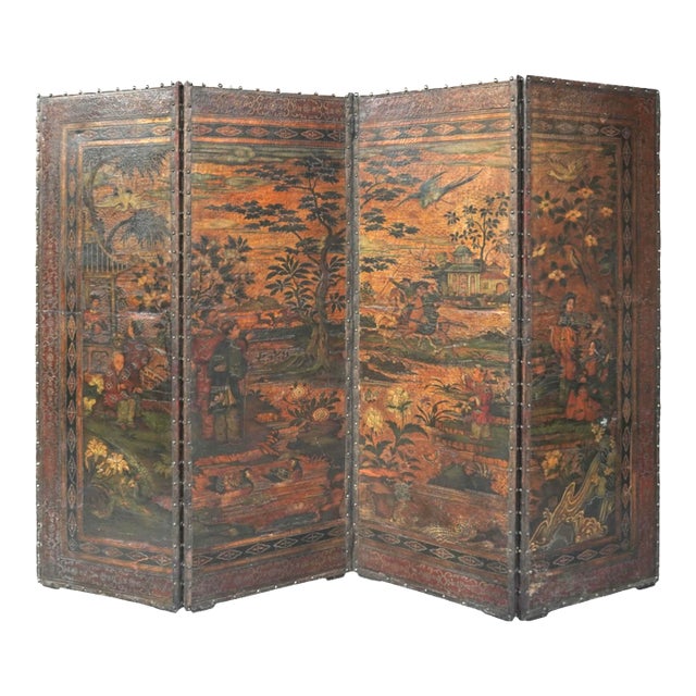 19th Century Chinoiserie Folding Screen, Hand-Painted Leather For Sale