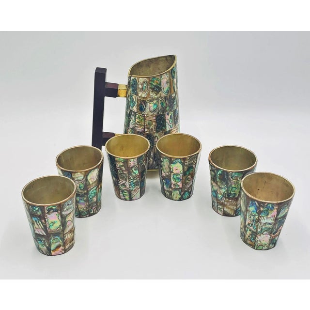 1960s Mid-Century Mexican Modern Abalone Mosaic Brass Barware Set, - Pitcher & 6 Glasses For Sale In Los Angeles - Image 6 of 18