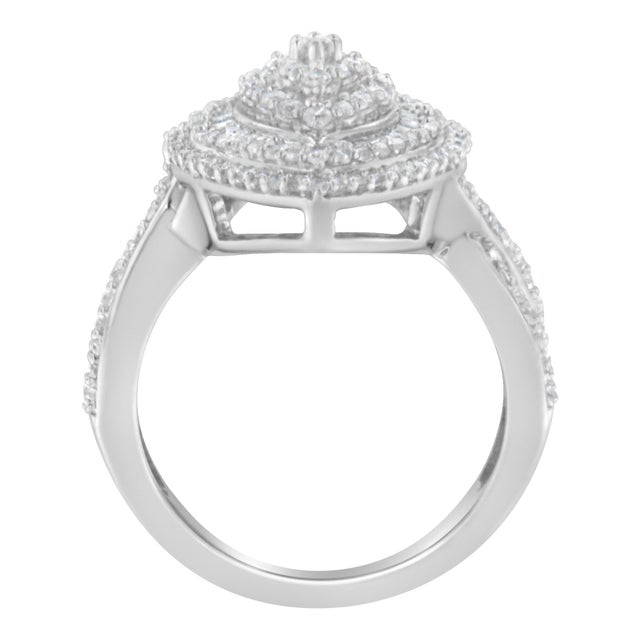 Contemporary .925 Sterling Silver 1.0 Cttw Round & Baguette-Cut Diamond Marquise-Shaped Cluster Triple Stepped Halo Cocktail Fashion Ring - Size 6-1/2 For Sale - Image 3 of 7
