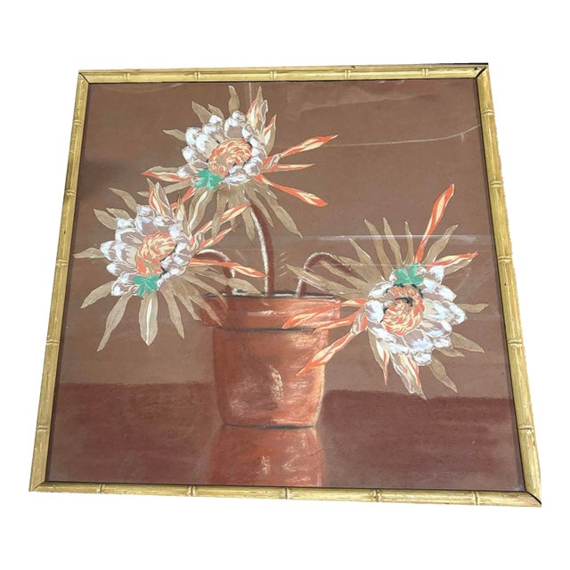 1970s Cereus Flower Fabric Art Painting Framed, Unisgned For Sale