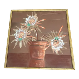 1970s Cereus Flower Fabric Art Painting Framed, Unisgned