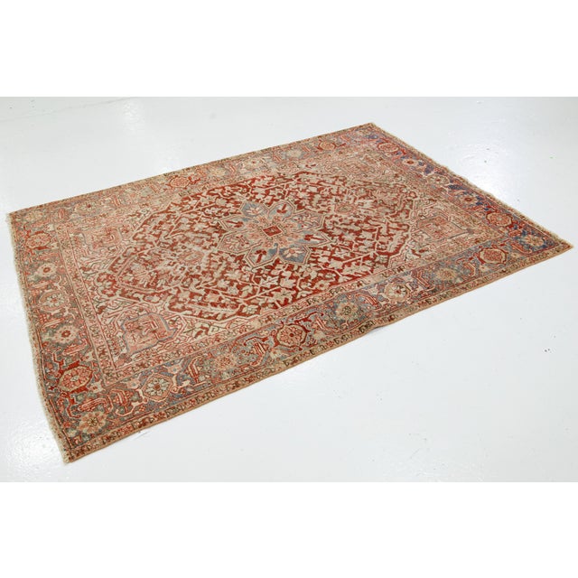 Persian 5 X 7 Vintage Persian Heriz Wool Rug in Red With a Medallion Design For Sale - Image 3 of 9