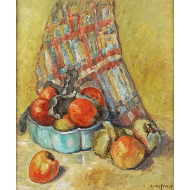 Beautiful oil painting of a basket of Fuji apples with a plaid cloth hanging behind by Helen Gleiforst (American,...