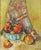 Beautiful oil painting of a basket of Fuji apples with a plaid cloth hanging behind by Helen Gleiforst (American,...