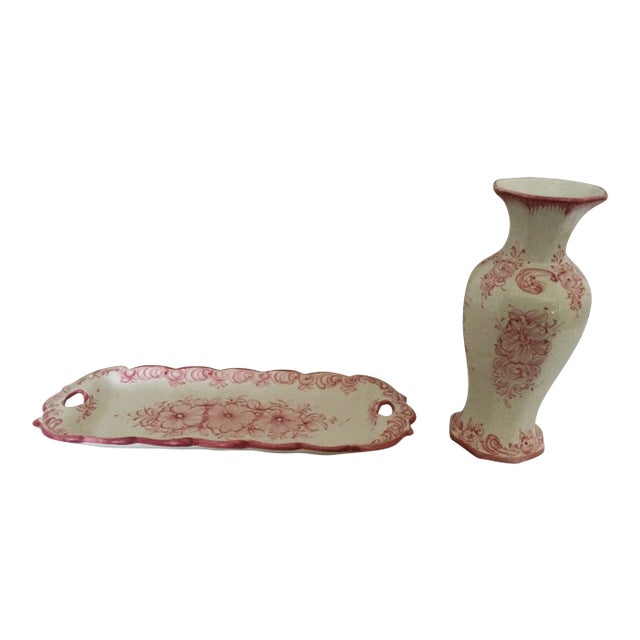 Vintage Hand-Painted Portuguese Vase & Serving Tray Set- 2 Pieces For Sale