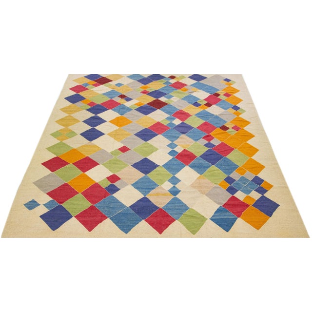 Abstract 2010s Modern Kilim Wool Rug Flatweave With Multicolor Design For Sale - Image 3 of 7