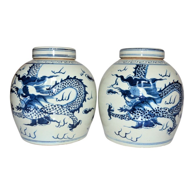 Chinoiserie Ginger Jars With Dragons - a Pair For Sale