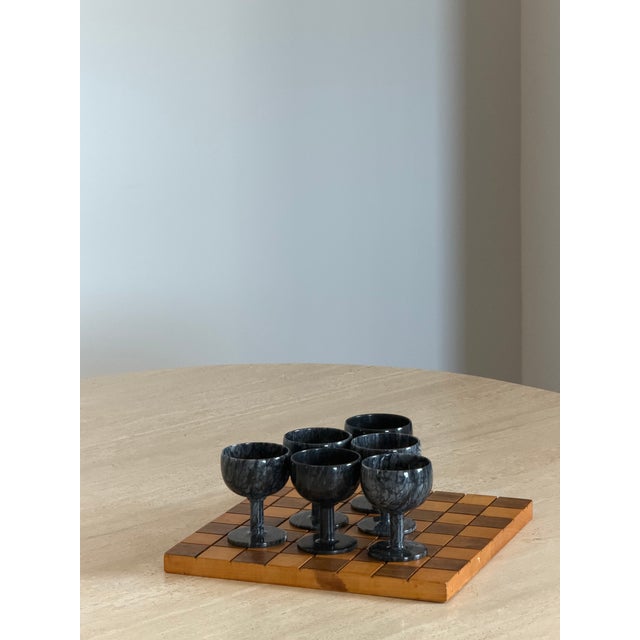 Carved Marble Stemware (6 Goblets) Displayed on Handmade Chess/Checkerboard 1969 For Sale - Image 4 of 14