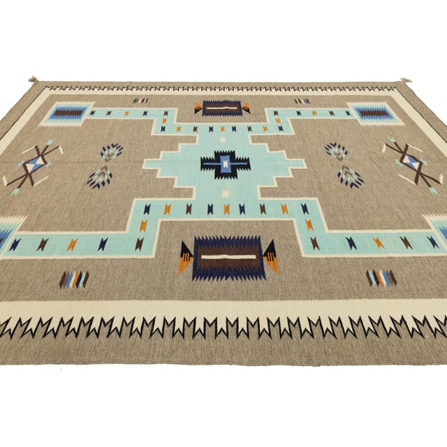 Modern Navajo-Style Handmade Wool Area Rug - Geometric Turquoise & Earth Tones For Sale - Image 9 of 11