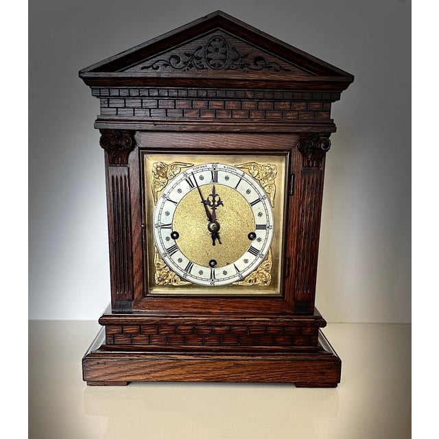 Tiffany and Co. Antique Tiffany & Co. Architectural Oak Bracket Clock | English Case, German 5-Gong Movement | Circa 1900 For Sale - Image 4 of 18