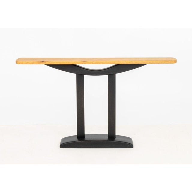 Brueton Art Deco Style Bird's Eye Maple Console Table, with ebonized two column base. 28.5" H x 51.5" W x 7.5" D....