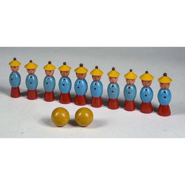 Chinese Figures Wooden Toy Game with Yellow Hat and 2 Original Yellow Balls by Gurman Bowling, 1940s, Set of 12 For Sale - Image 6 of 7