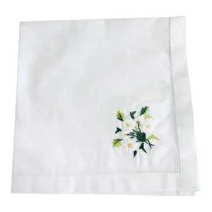 Daisies Dinner Napkins White Cotton With Hem Stitch, Embroidered - Set of 2