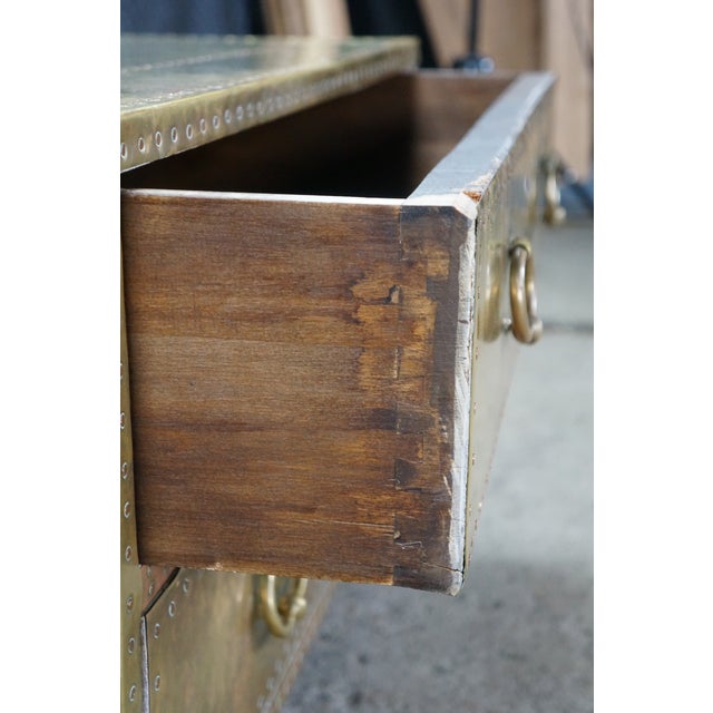 1970s Sarreid Brass Clad Nailhead Dresser Chest of Drawers Campaign Console 34" For Sale - Image 6 of 11