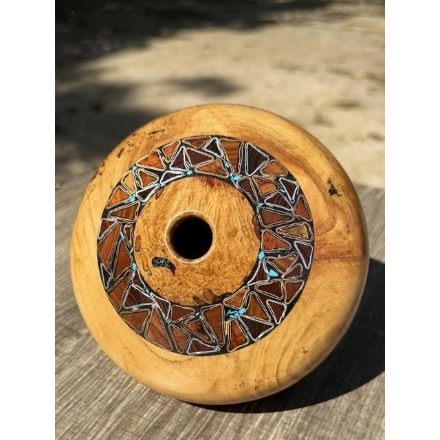 Late 20th Century Signed Studio Spalted Maple Turned Wood Vessel With Copper, Silver Turquoise Inlay For Sale In Dallas - Image 6 of 10