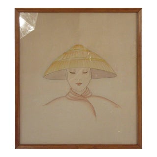 1940s Watercolor Painting On Paper Of Asian Woman Wearing Hat Signed Dorothy Dwin For Sale