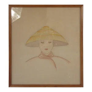 1940s Watercolor Painting On Paper Of Asian Woman Wearing Hat Signed Dorothy Dwin