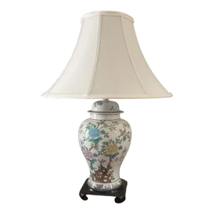 Asian White Ginger Jar Table Lamp With Multicolor Flowers Late 20th Century