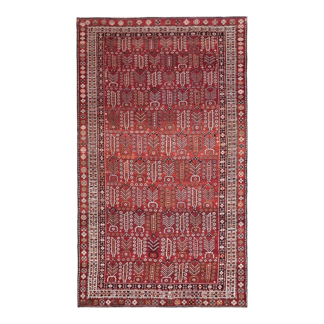1900s Red Rust Tree of Life Geometric Antique Caucasian Shirvan Rug 5'10" X 9'10" Wool Carpet For Sale