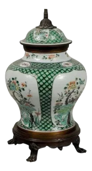 Chinese Famille Vert Porcelain Jar & Cover in French Bronze Mounts as a Table Lamp