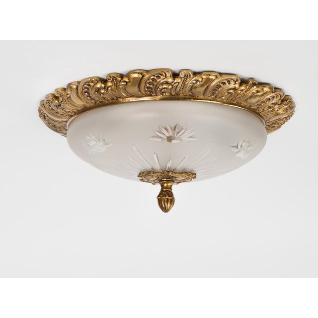 French 1960s Spanish Brass & Frosted Glass Flush Mount Fixture For Sale - Image 3 of 8