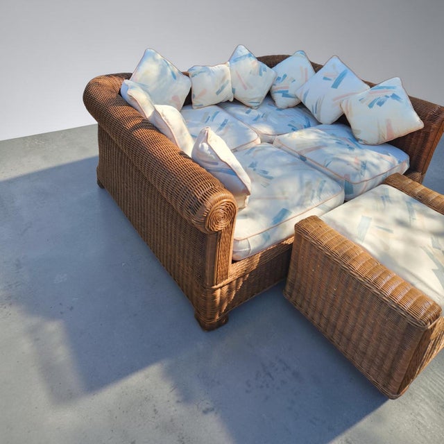Vintage 1980s Postmodern Heavy Rattan Demi-Lune Lounge Set With Original Pastel Brushstroke Cushions - 3 Pieces For Sale In Greensboro - Image 6 of 10