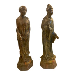 Pair of Vintage/Antique Ceramic Asian Scholar Figures on Pedestal Bases Set of 2 For Sale