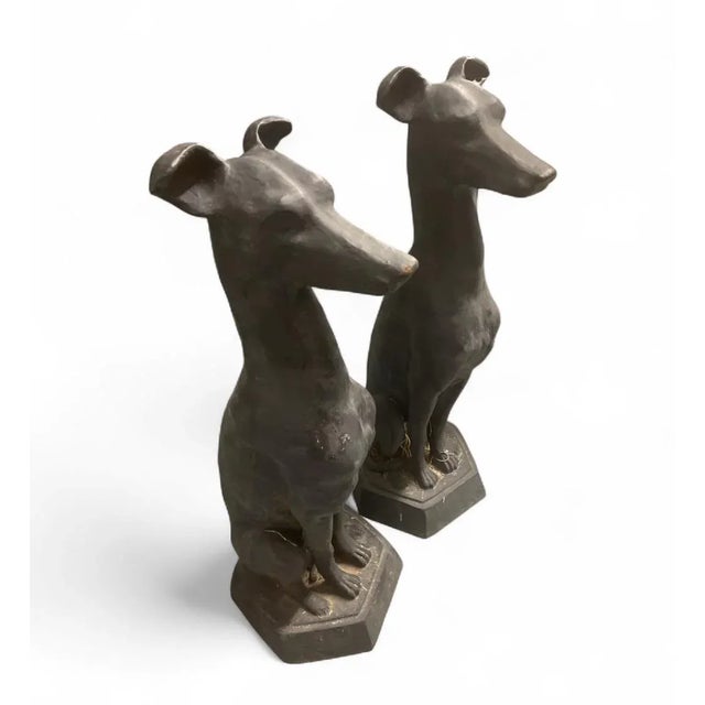English Pair of Large Antique Cast Iron Seated Greyhound Dog Statues For Sale - Image 3 of 4