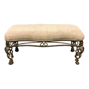 1980s Vintage Traditional Baroque Upholstered Wrought Iron With Paw Feet Bench