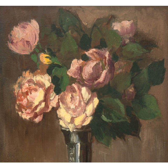 Modern Illegibly Signed Still Life of Roses Oil, 1930 For Sale - Image 3 of 7