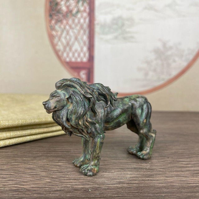 Bronze Lion Sculpture – 3.1" Verdigris Patina Animal Figure For Sale In Los Angeles - Image 6 of 11