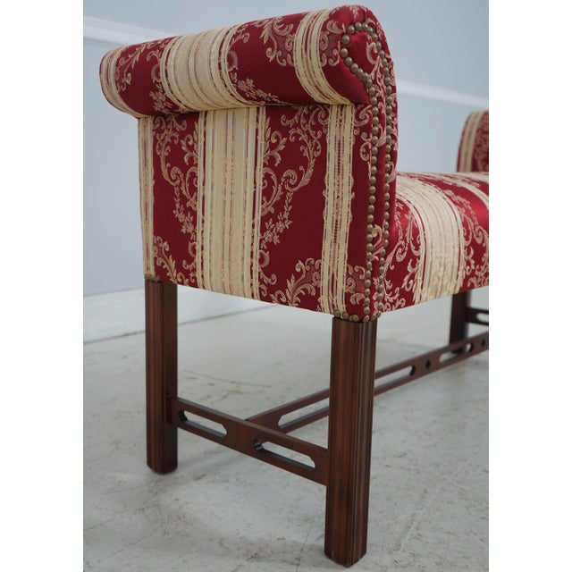 1990s Chippendale Style Cherry Damask Upholstered Window Bench For Sale - Image 5 of 12