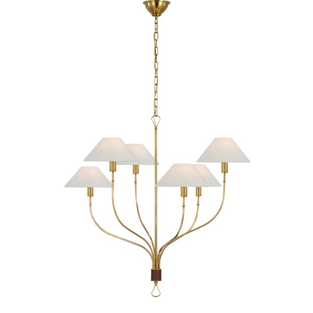 Amber Lewis for Visual Comfort Signature Griffin Large Staggered Tail Chandelier in Hand-Rubbed Antique Brass and Saddle Leather with Linen Shades For Sale