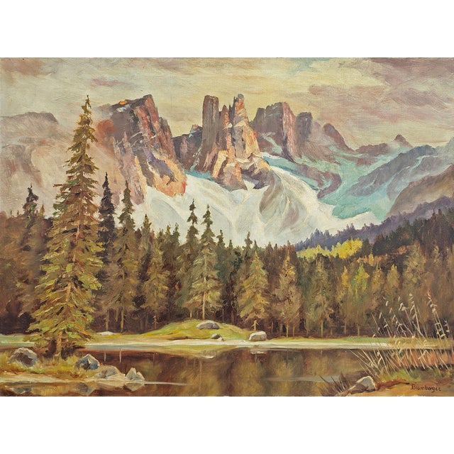 Carezza Lake and Latemar, Dolomites, 1950s, Oil on Canvas For Sale - Image 13 of 15