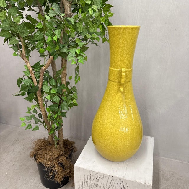 Large Lemon Yellow Crackle Glazed Ceramic Vase For Sale In New York - Image 6 of 11