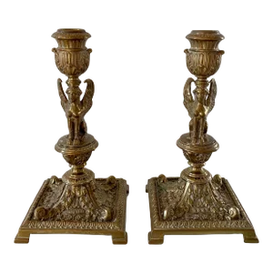 19th Century Egyptian Revival Gilt Bronze Sphinx Candlestick Holders, Pair