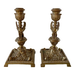 19th-Century Egyptian Revival Gilt Bronze Sphinx Candlesticks, Pair For Sale