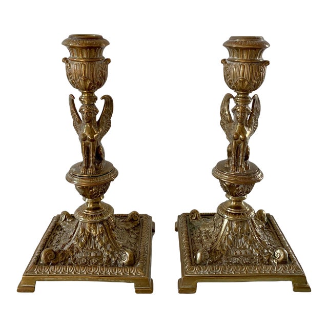 19th-Century Egyptian Revival Gilt Bronze Sphinx Candlesticks, Pair For Sale