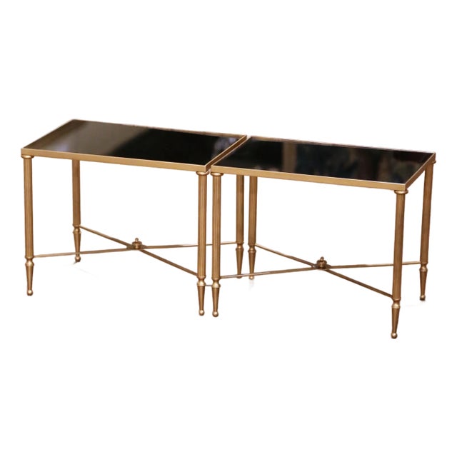 Mid-Century French Maison Baguès Style Black Glass Tops Brass Side Tables For Sale