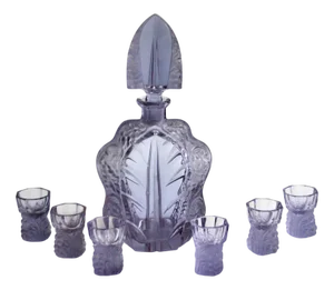 Art Deco Crystal Glass Carafe with 6 Glasses in the style of R. Lalique, 1930s, Set of 7
