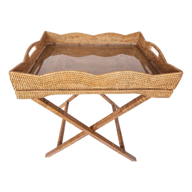 Artifacts Rattan Scallop Design Butler Tray with Wooden Legs with Glass Insert, Honey Brown For Sale